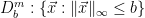 D_b^m : \{\vec{x}: \|\vec{x}\|_\infty \leq b\}