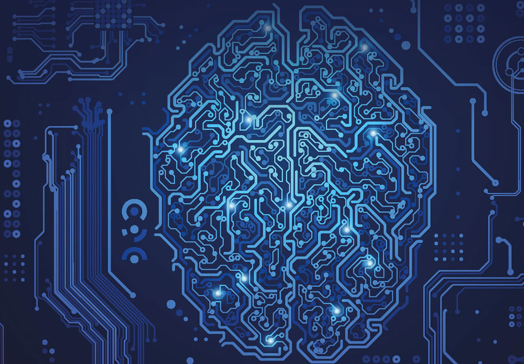 vector illustration of blue lines forming a human brain with background elements in a circuit board pattern