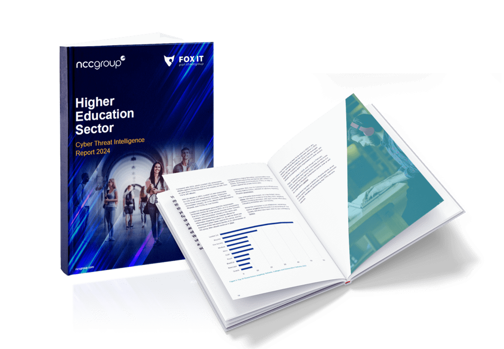 a mocked up book of NCC Group's Higher Education Threat Intelligence report