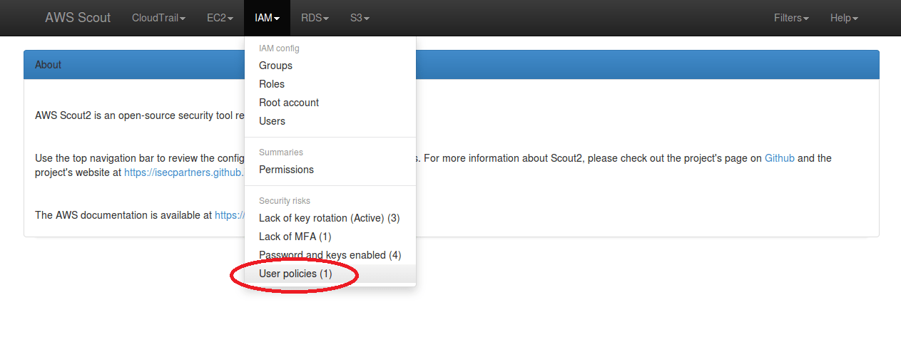 Screenshot: IAM menu dropdown with a User policies security risk