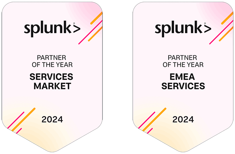 Splunk branded badges from their 2024 Service Partner Awards (Global Market Partner of the Year) (EMEA Services Partner of the Year)